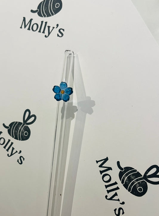 Glass Straw Blue - Eco-Friendly Reusable Straw with Flower Design