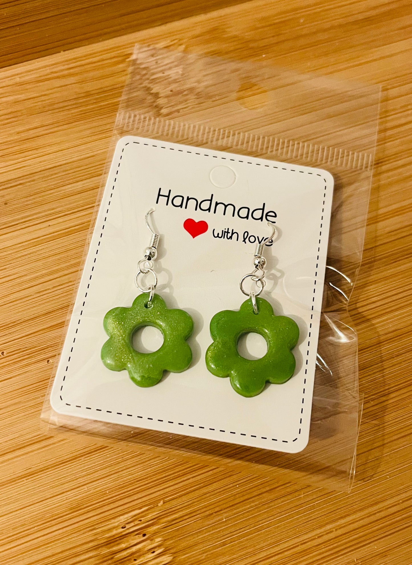 Polymer clay earrings 925 silver green flowers