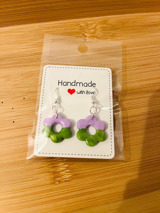 Polymer clay earrings 925 silver - green & purple flowers