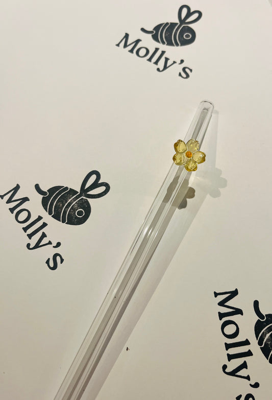 Glass Straw Yellow - Eco-Friendly Reusable Straw with Flower Design