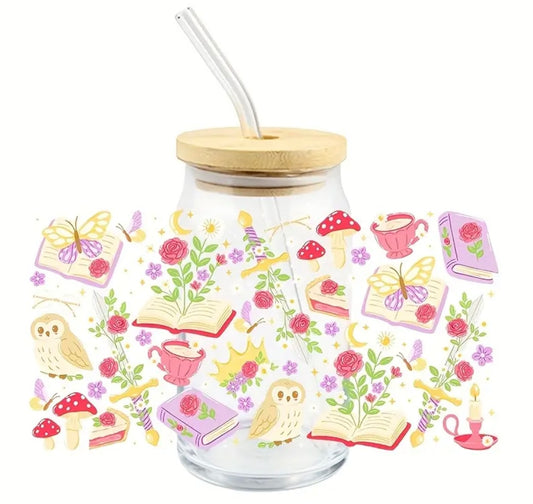 Glass tumbler Book and Mushroom - Cosy Autumn Drinkware
