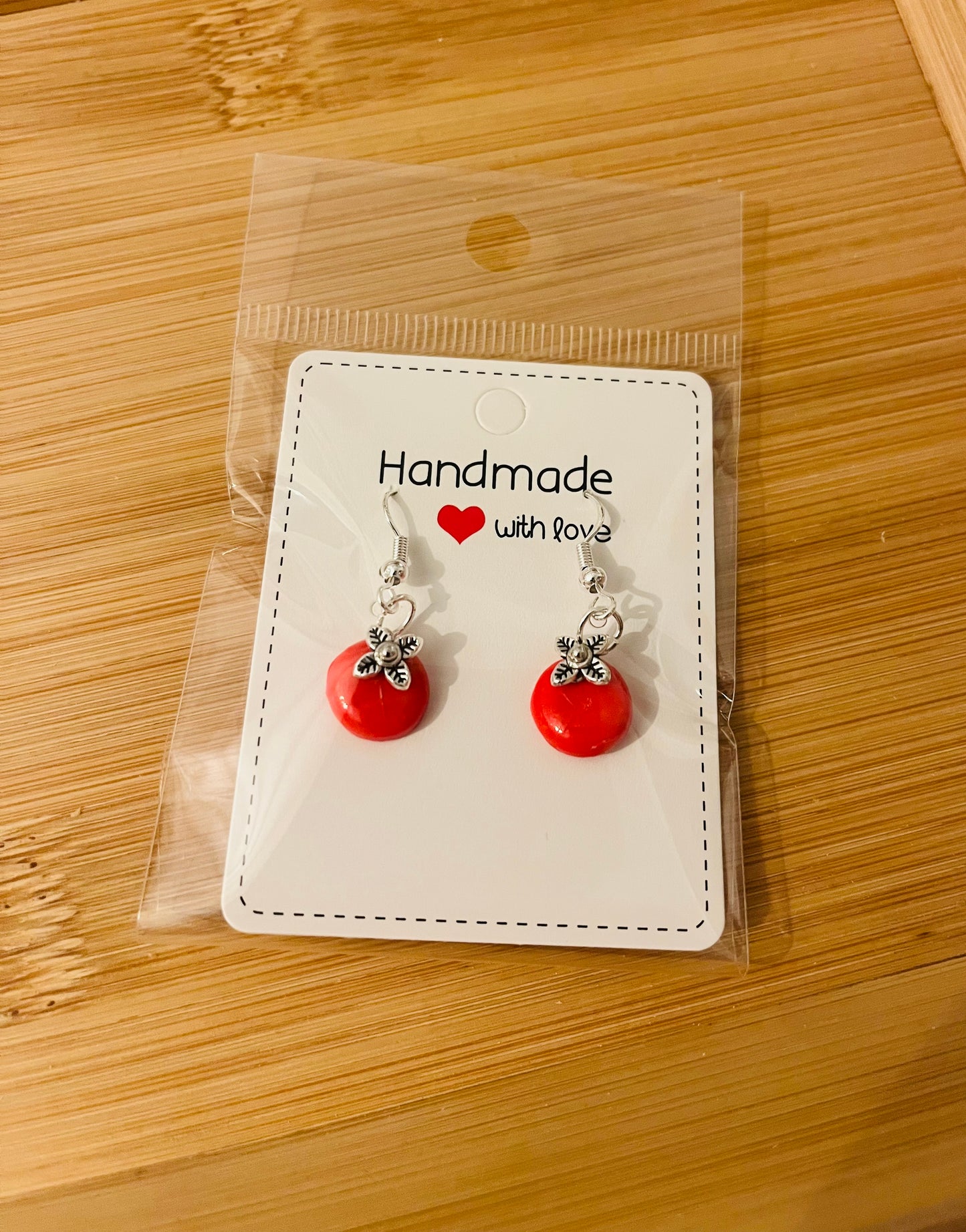 Polymer clay earrings 925 silver - red & silver drops