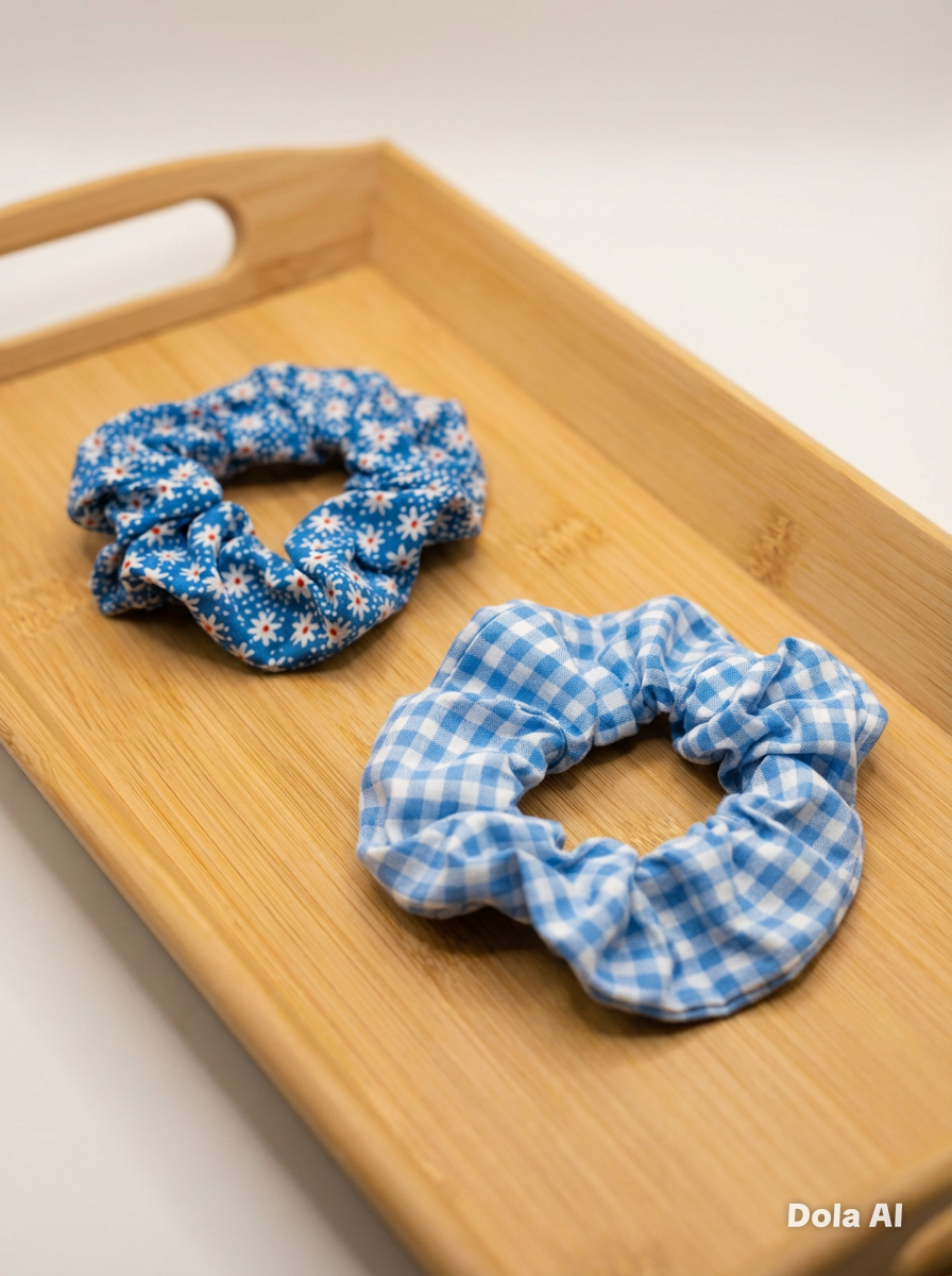 Scrunchie - Blue flowers, Blue dots