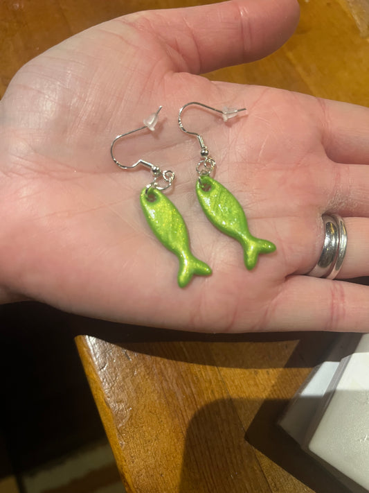 Polymer clay earrings 925 silver hooks fish green