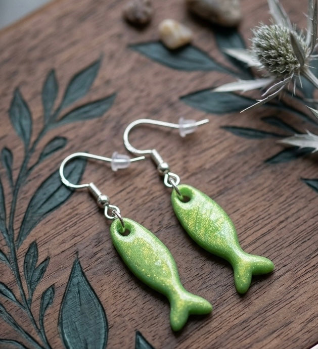 Polymer clay earrings 925 silver hooks fish green