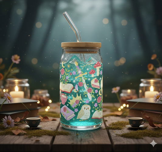Glass tumbler Book and Mushroom - Cosy Autumn Drinkware