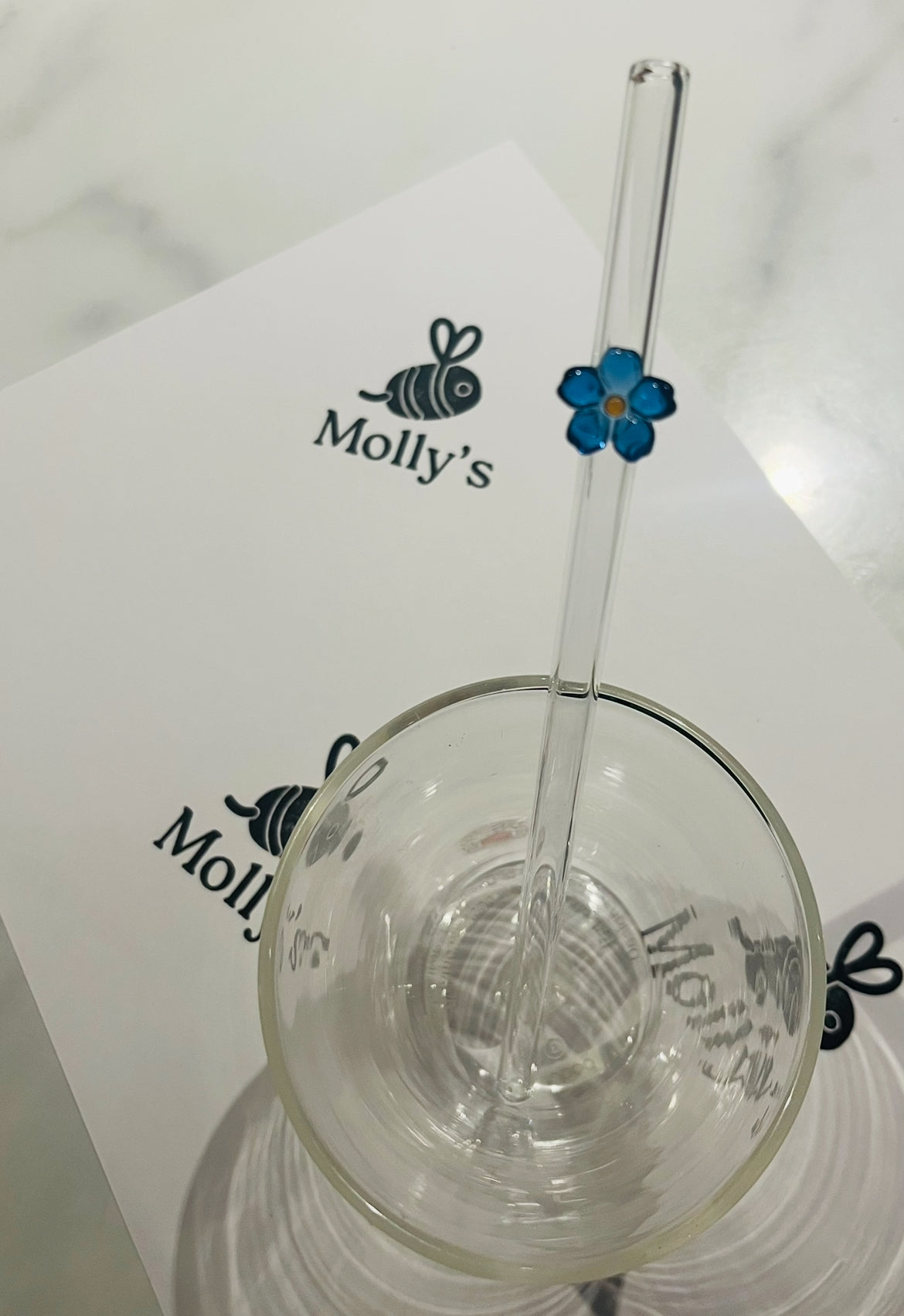 Glass Straw Blue - Eco-Friendly Reusable Straw with Flower Design