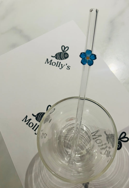 Glass Straw Blue - Eco-Friendly Reusable Straw with Flower Design