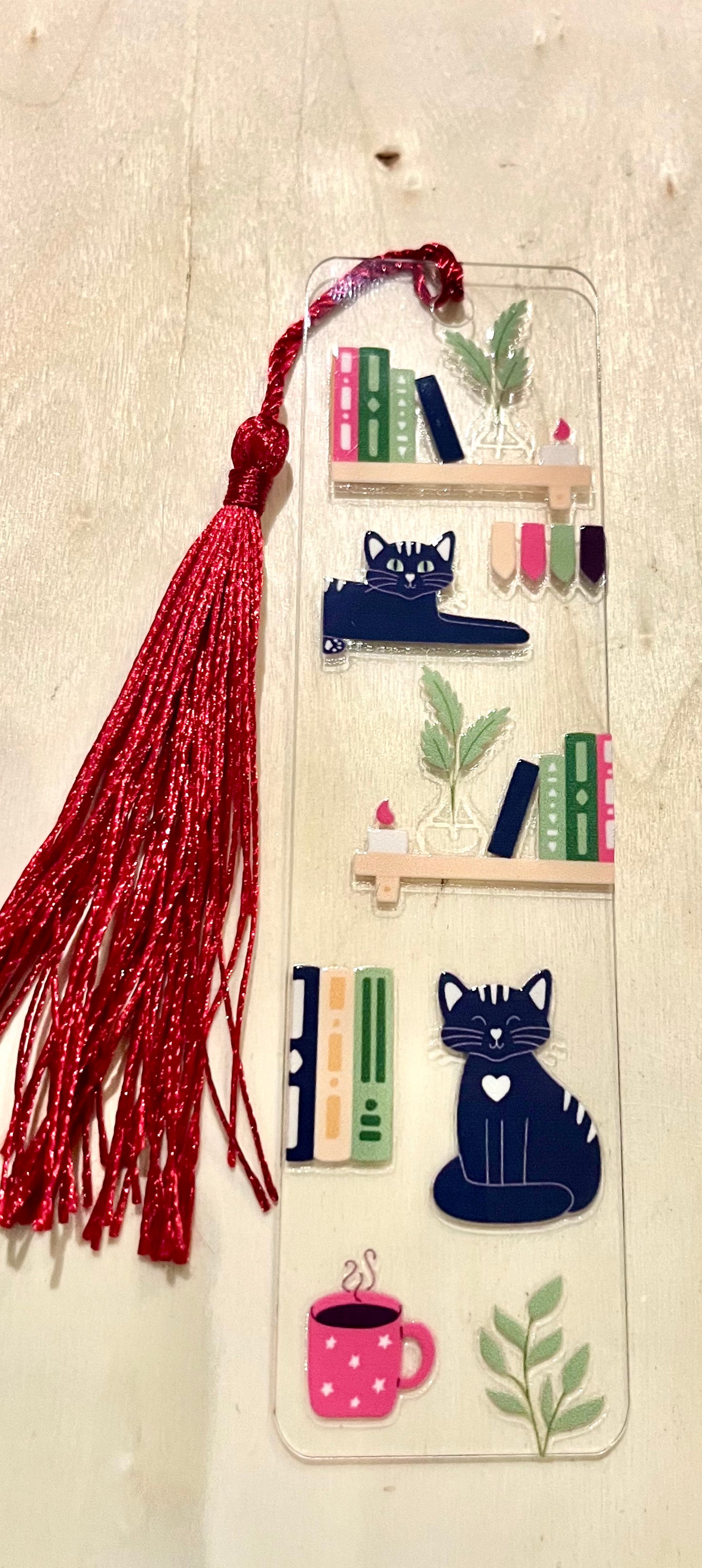 Cat & Book Bookmark - Handmade Bookmark with Tassel