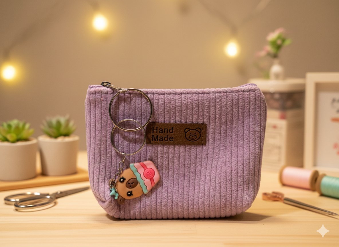 Purple mini coin purse with key ring attachment, 11x8cm