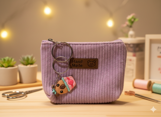 Purple mini coin purse with key ring attachment, 11x8cm