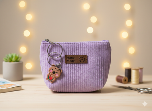 Close-up of purple mini purse showing compact size and design