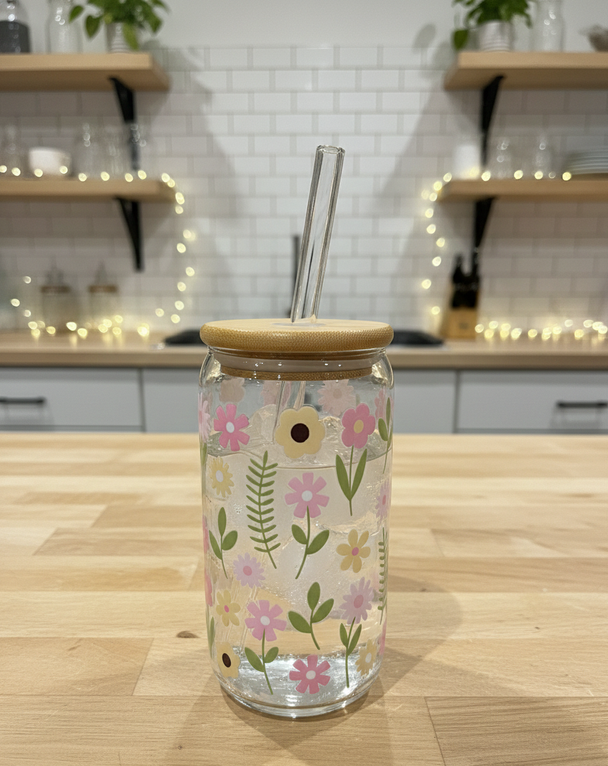 Glass tumbler with pink and yellow floral design, bamboo lid and reusable straw