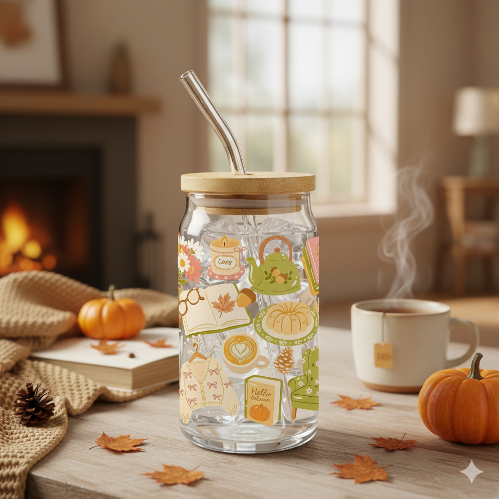 Glass tumbler Book and Pumpkin - Cosy Autumn Drinkware