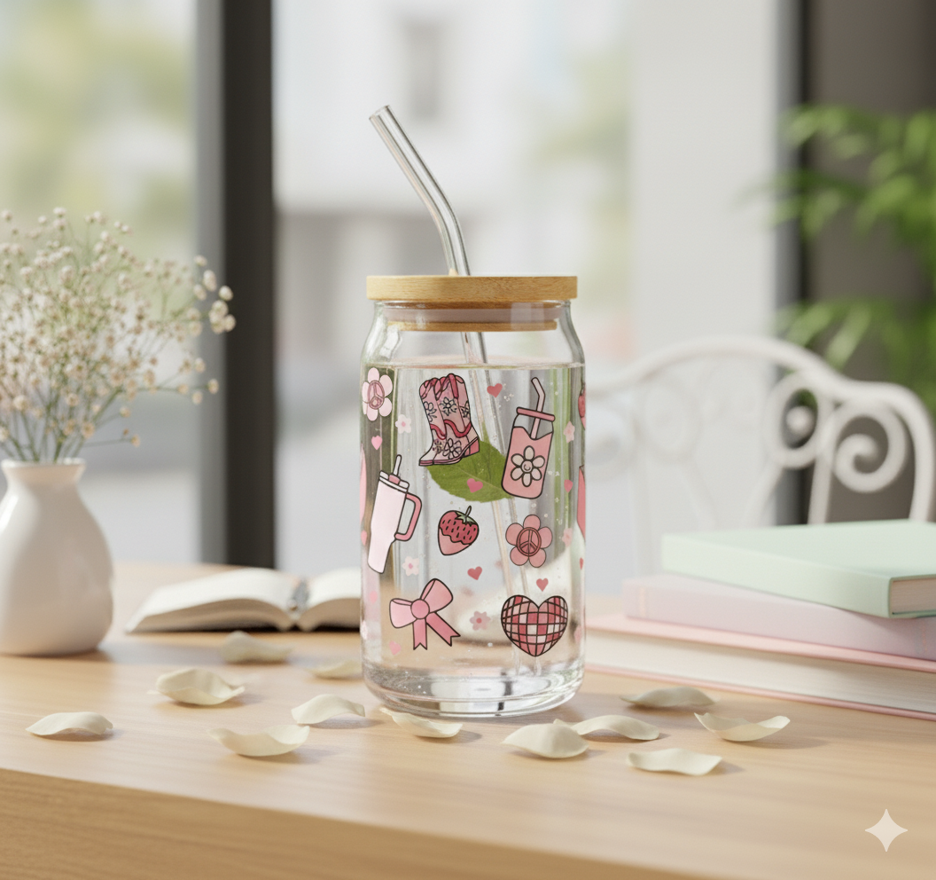 Glass Tumbler Pink Boots and Bow - Stylish Drinkware
