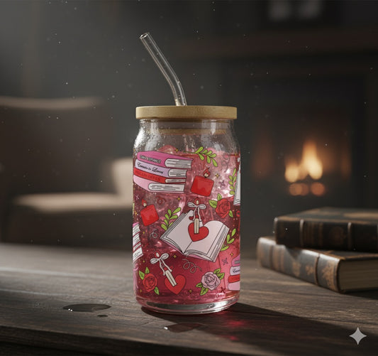 Glass Tumbler Book and Roses - Romantic Drinkware