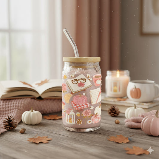 Glass Tumbler Pink Book and Pumpkin - Cosy Autumn Drinkware