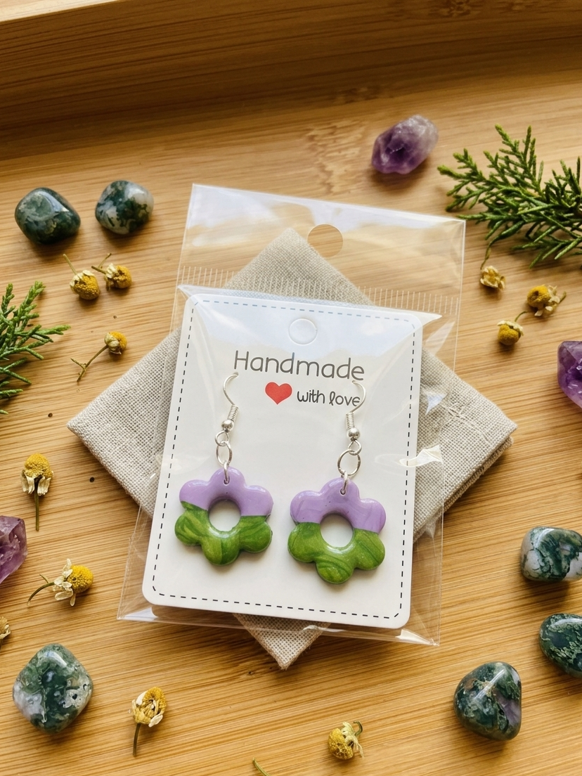 Polymer clay earrings 925 silver - green & purple flowers