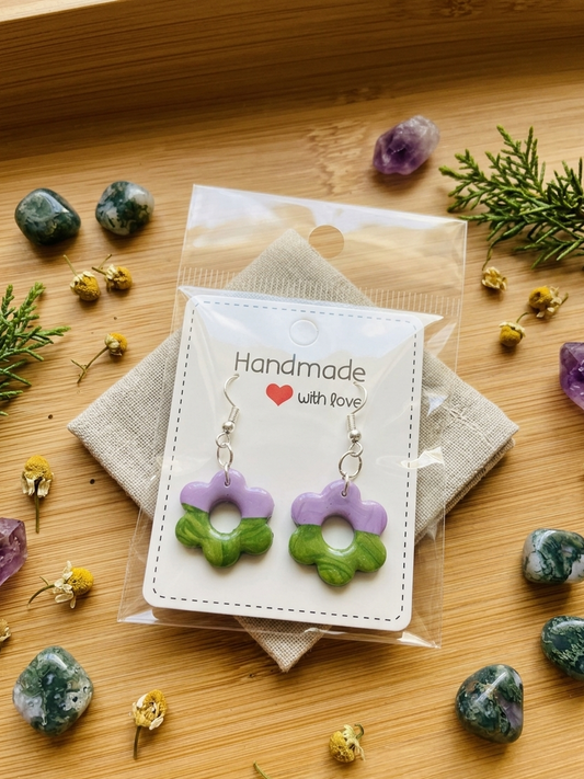 Polymer clay earrings 925 silver - green & purple flowers