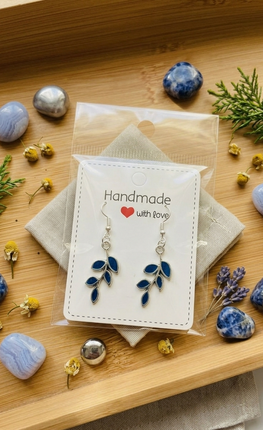 Polymer clay earrings 925 silver - blue leafs