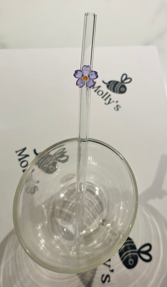 Glass Straw Purple - Eco-Friendly Reusable Straw with Flower Design