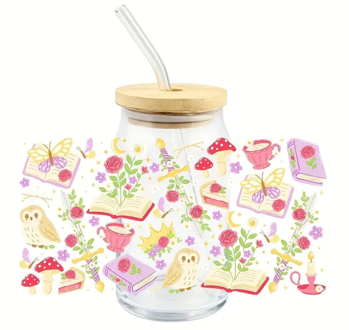 Glass tumbler Book and Mushroom - Cosy Autumn Drinkware