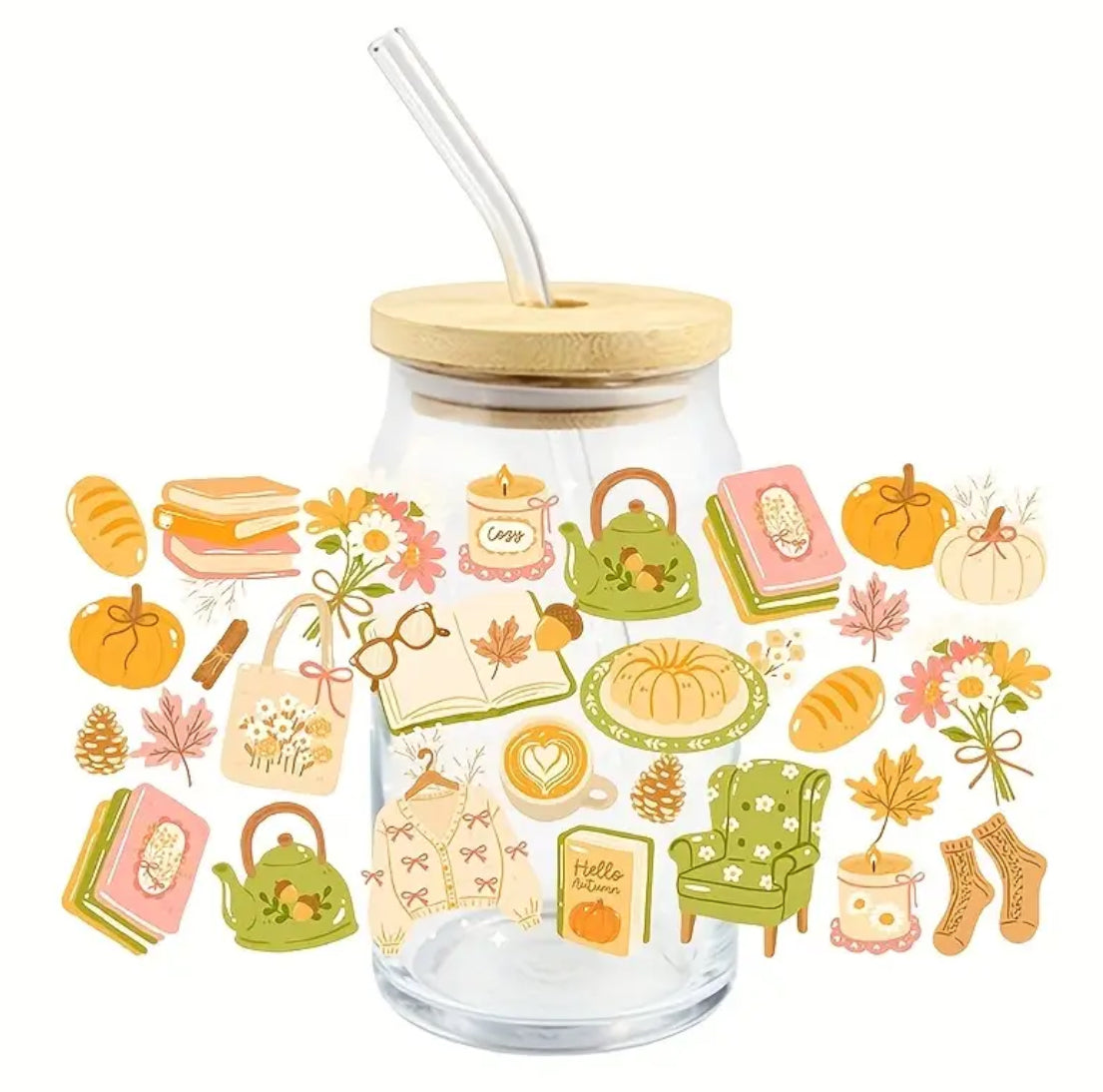 Glass tumbler Book and Pumpkin - Cosy Autumn Drinkware