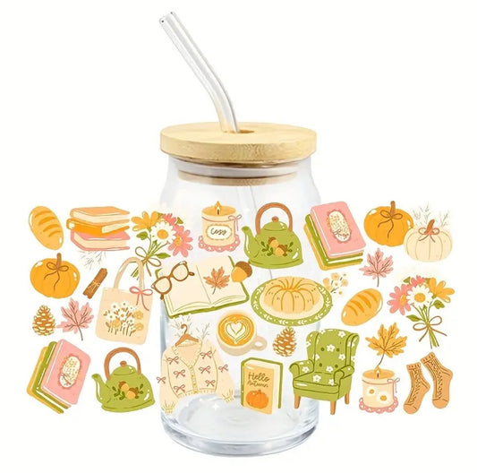 Glass tumbler Book and Pumpkin - Cosy Autumn Drinkware