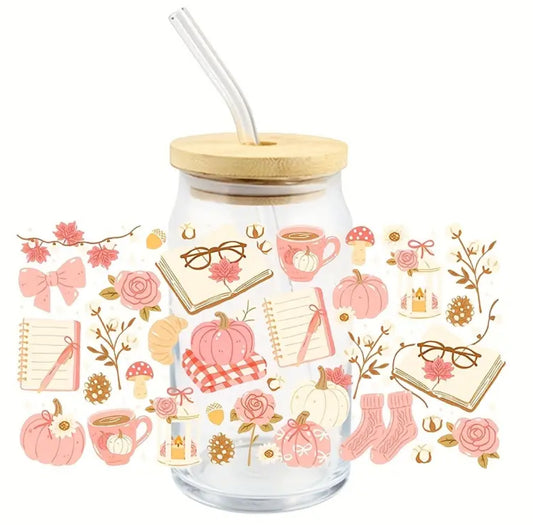 Glass Tumbler Pink Book and Pumpkin - Cosy Autumn Drinkware