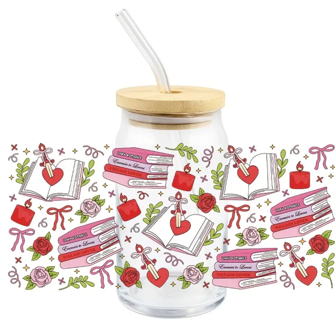 Glass Tumbler Book and Roses - Romantic Drinkware