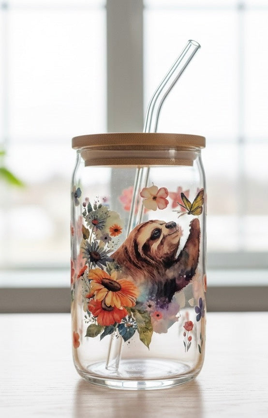 Handmade glass tumbler with sloth design, bamboo lid and reusable glass straw