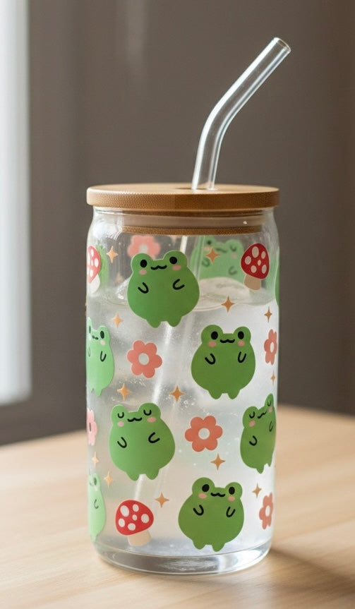 Handmade glass tumbler with frog and mushroom woodland design, bamboo lid and reusable glass straw